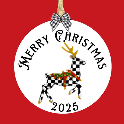 Courtly Check Black and White Ceramic Personalized Christmas Ornament with Hanger, Bow and Gift Box