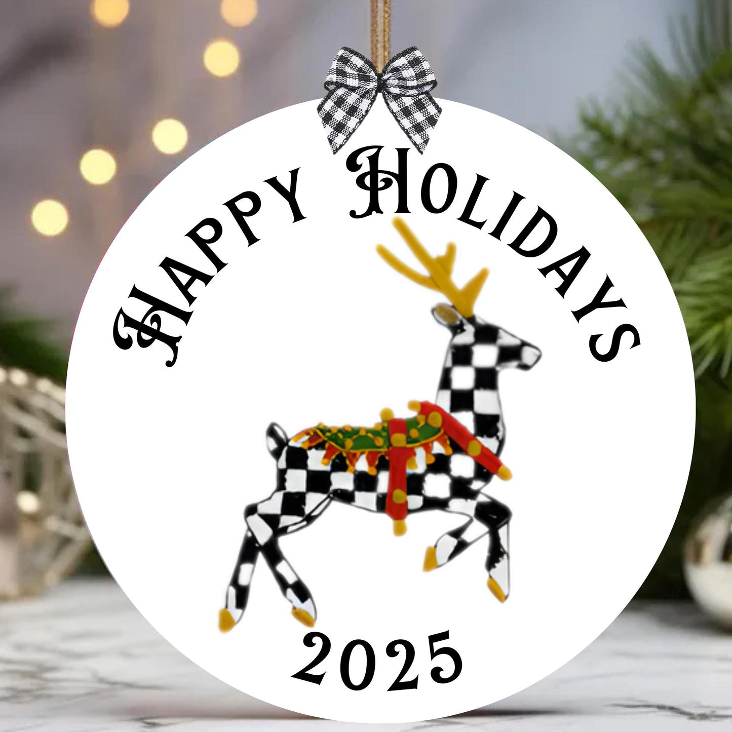 Courtly Check Black and White Ceramic Personalized Christmas Ornament with Hanger, Bow and Gift Box