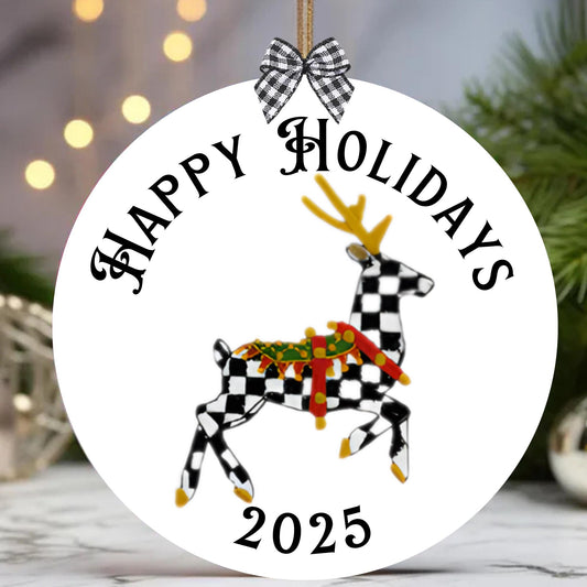 Courtly Check Black and White Ceramic Personalized Christmas Ornament with Hanger, Bow and Gift Box