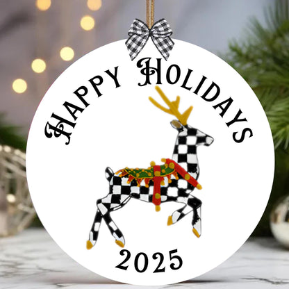 Personalized Ceramic Christmas Ornament, Courtly Check, Black and white decor with Gift Box
