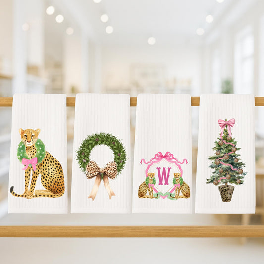 Christmas Cheetah Pink and Green Tea Towel Collection