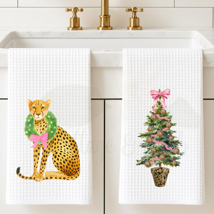Christmas Cheetah Preppy Pink and Green Tea Towel Collection | Personalized Kitchen Decor | Gift for Her, Hostess, Birthday, Mom