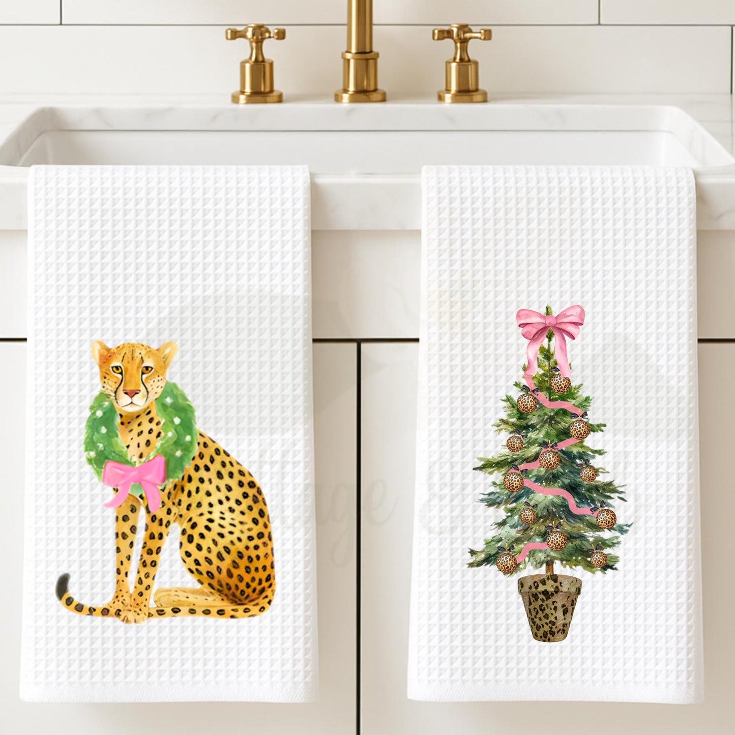 Christmas Cheetah Pink and Green Tea Towel Collection