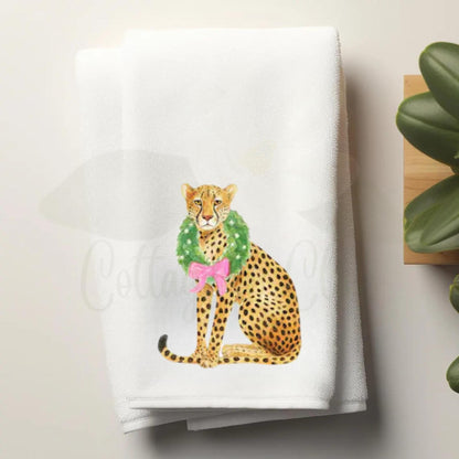 Preppy Pink and Green Cheetah, Leopard Themed Fingertip Towels | Christmas Powder Room Hand Towels | Personalized Bathroom Decor & Gift