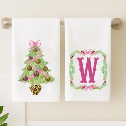 Preppy Pink and Green Cheetah, Leopard Themed Fingertip Towels | Christmas Powder Room Hand Towels | Personalized Bathroom Decor & Gift
