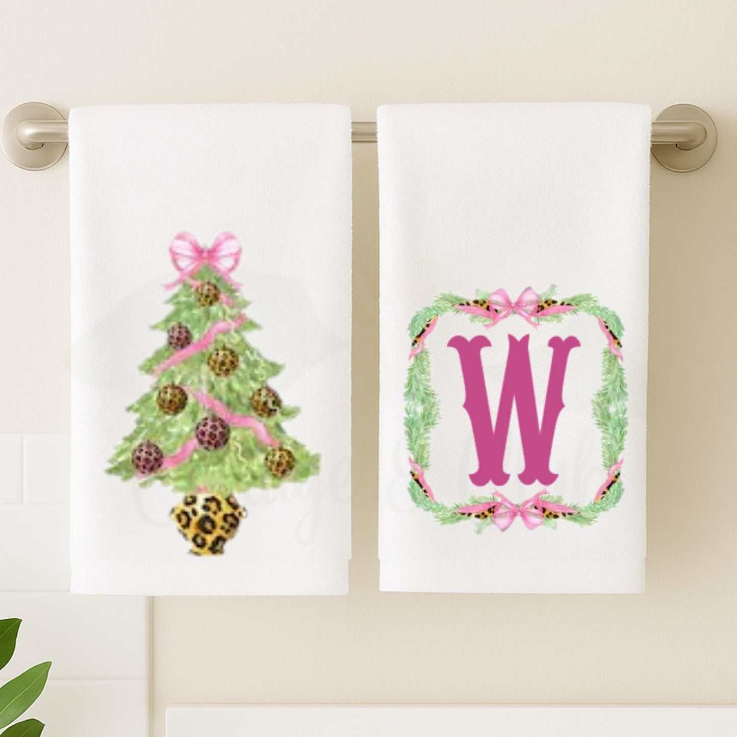 Preppy Pink and Green Cheetah, Leopard Themed Fingertip Towels | Christmas Powder Room Hand Towels | Personalized Bathroom Decor & Gift