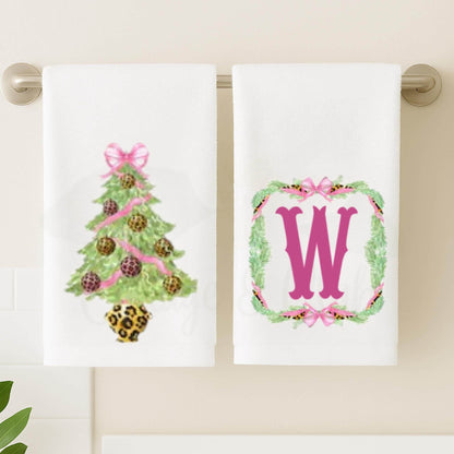 Preppy Pink and Green Cheetah, Leopard Themed Fingertip Towels | Christmas Powder Room Hand Towels | Personalized Bathroom Decor & Gift