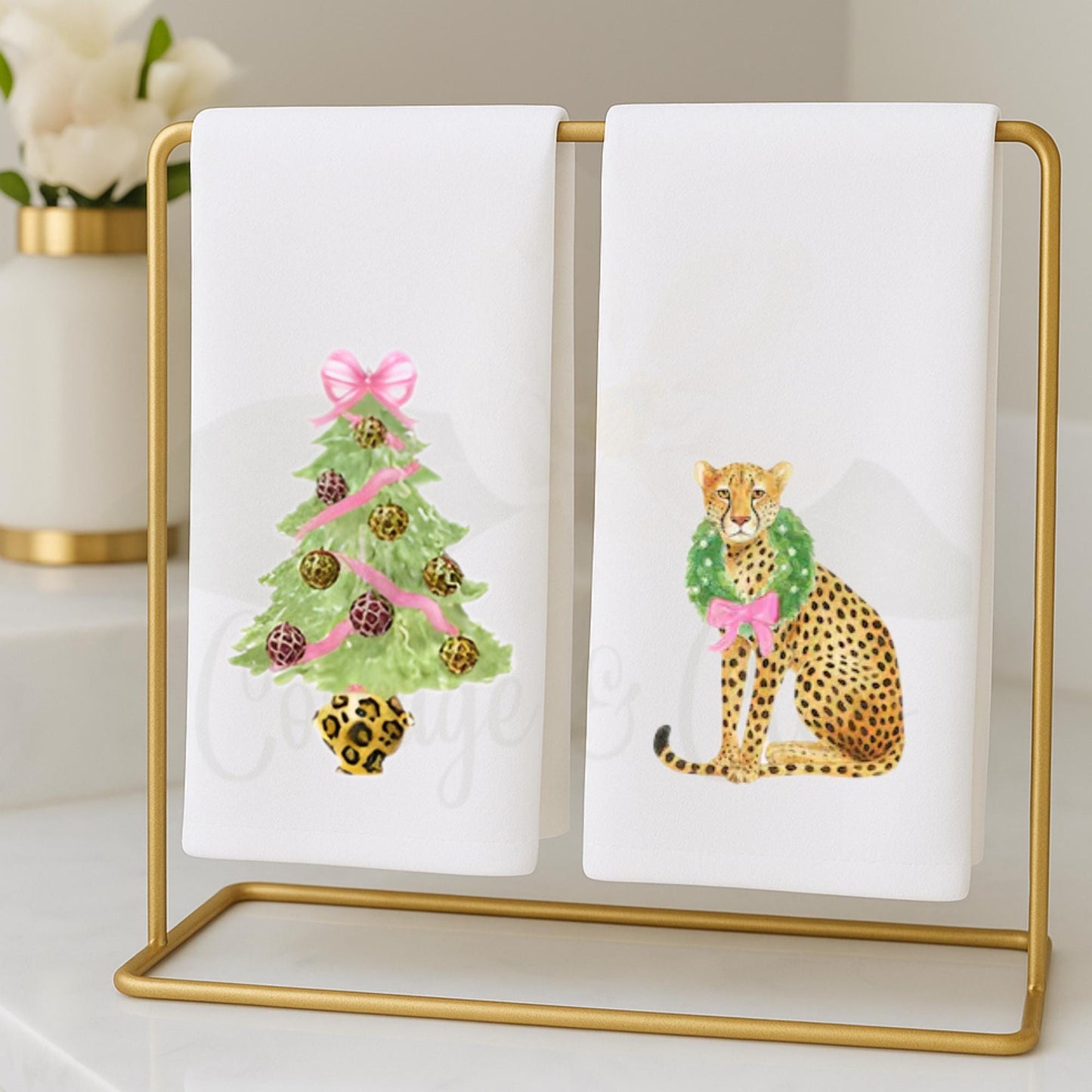 Preppy Pink and Green Cheetah, Leopard Themed Fingertip Towels | Christmas Powder Room Hand Towels | Personalized Bathroom Decor & Gift