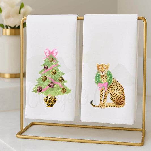 Preppy Pink and Green Cheetah, Leopard Themed Fingertip Towels | Christmas Powder Room Hand Towels | Personalized Bathroom Decor & Gift