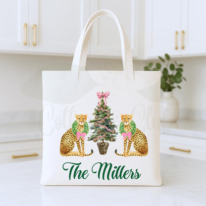 Preppy Pink and Green Christmas Tote Bag - Reusable Shopping Bag - Custom Gift Bag