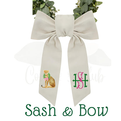 Pink and Green Cheetah Embroidered Wreath Sash with Coordinating Second Sash, Personalized Door Decor, Holiday Wreath Accessory