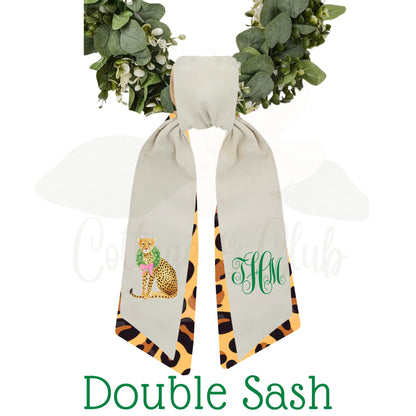 Pink and Green Cheetah Embroidered Wreath Sash with Coordinating Second Sash, Personalized Door Decor, Holiday Wreath Accessory