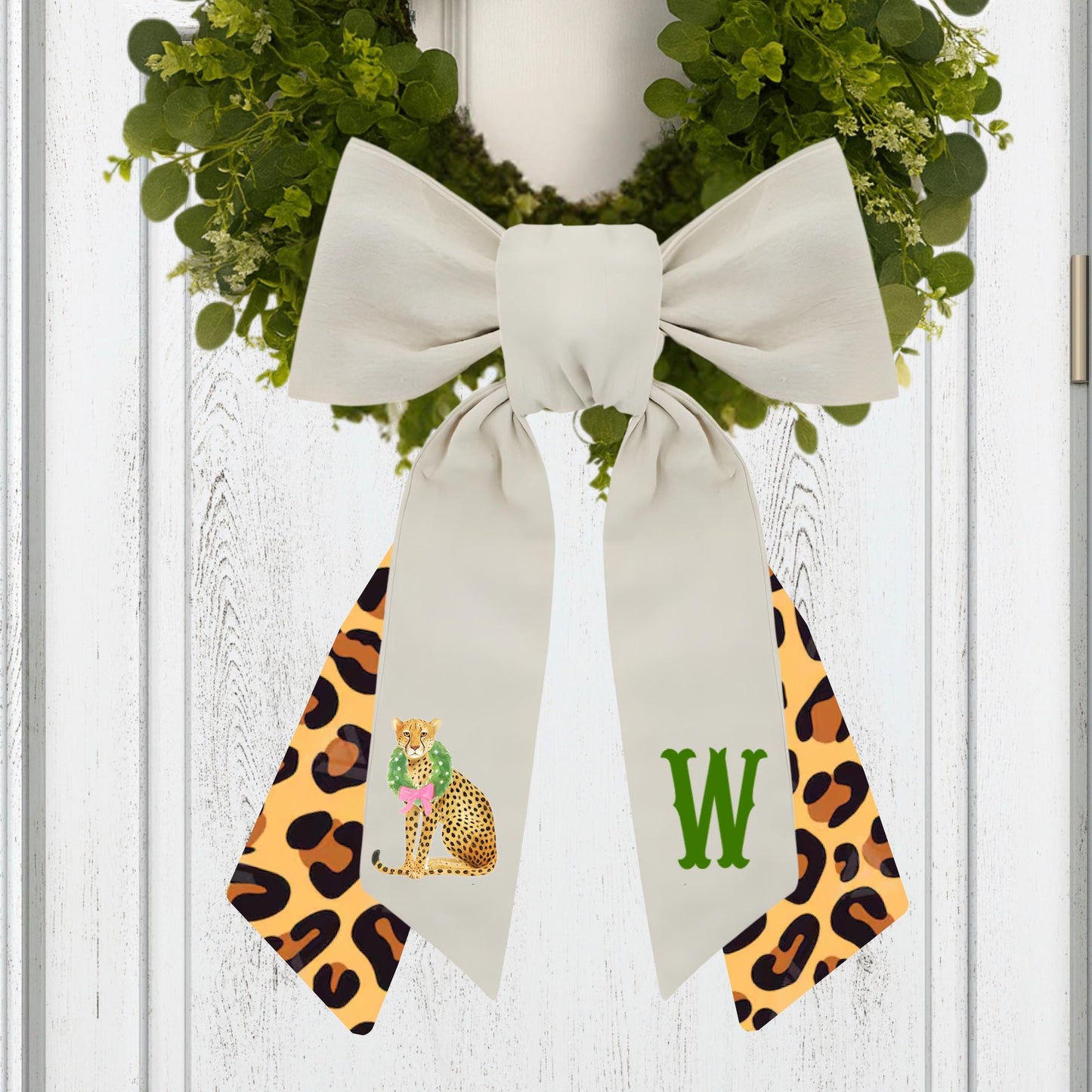 Pink and Green Cheetah Embroidered Wreath Sash with Coordinating Second Sash, Personalized Door Decor, Holiday Wreath Accessory