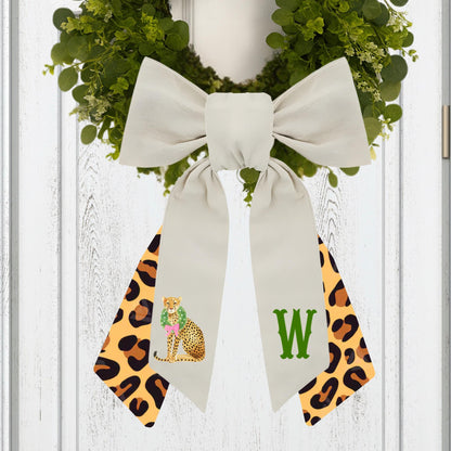 Pink and Green Cheetah Embroidered Wreath Sash with Coordinating Second Sash, Personalized Door Decor, Holiday Wreath Accessory