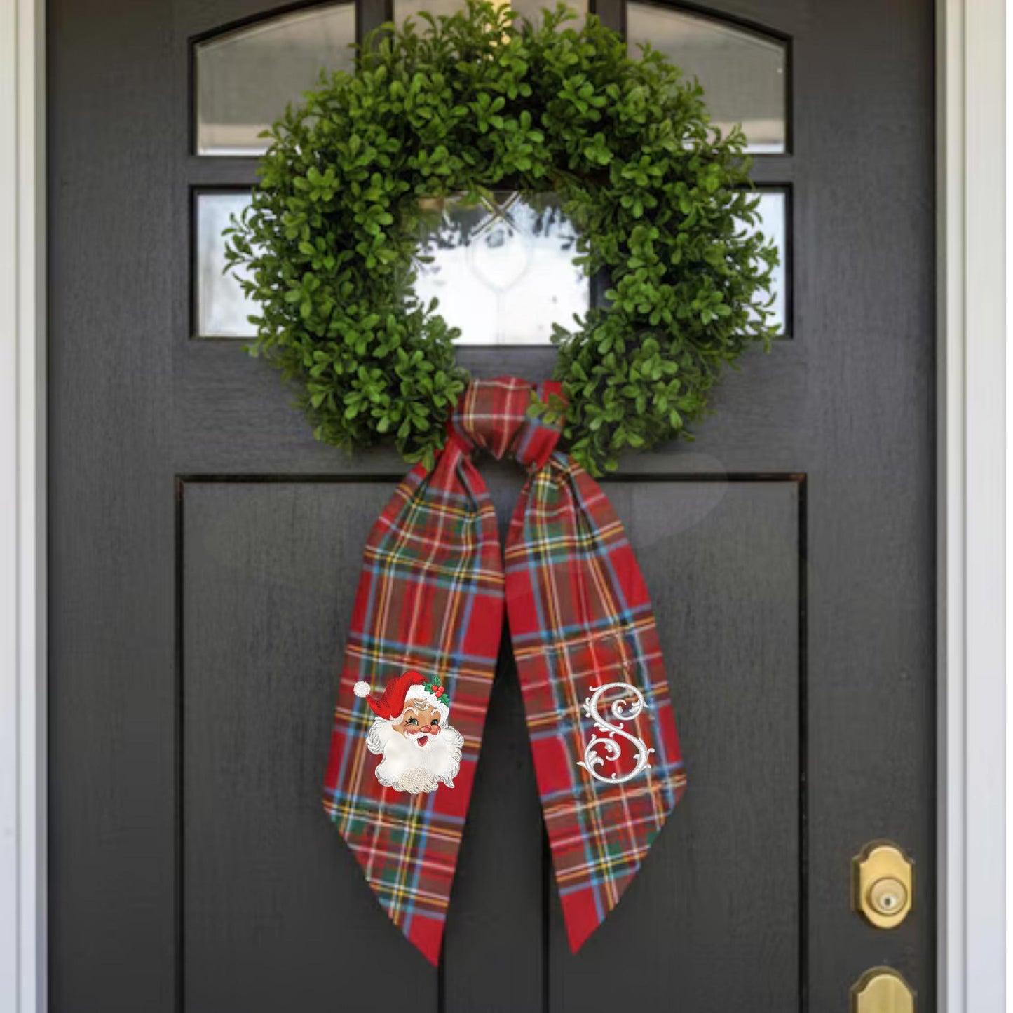 Vintage Santa Claus Embroidered Christmas Farmhouse Wreath Sash: Holiday Door Hanger