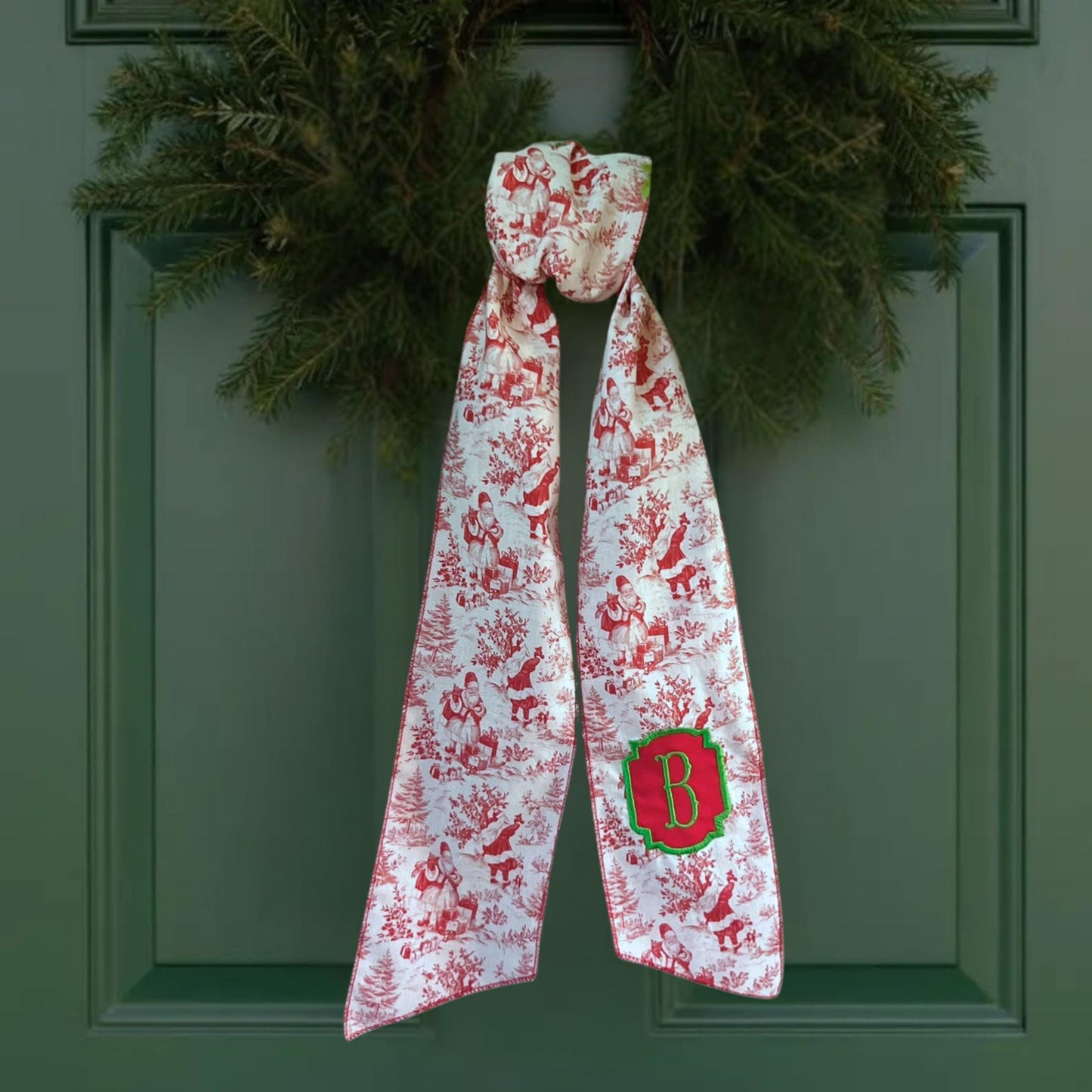 Vintage Santa Claus Toile Embroidered Christmas Farmhouse Wreath Sash: Holiday Door Hanger
