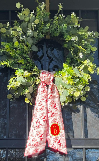 Vintage Santa Claus Toile Embroidered Christmas Farmhouse Wreath Sash: Holiday Door Hanger