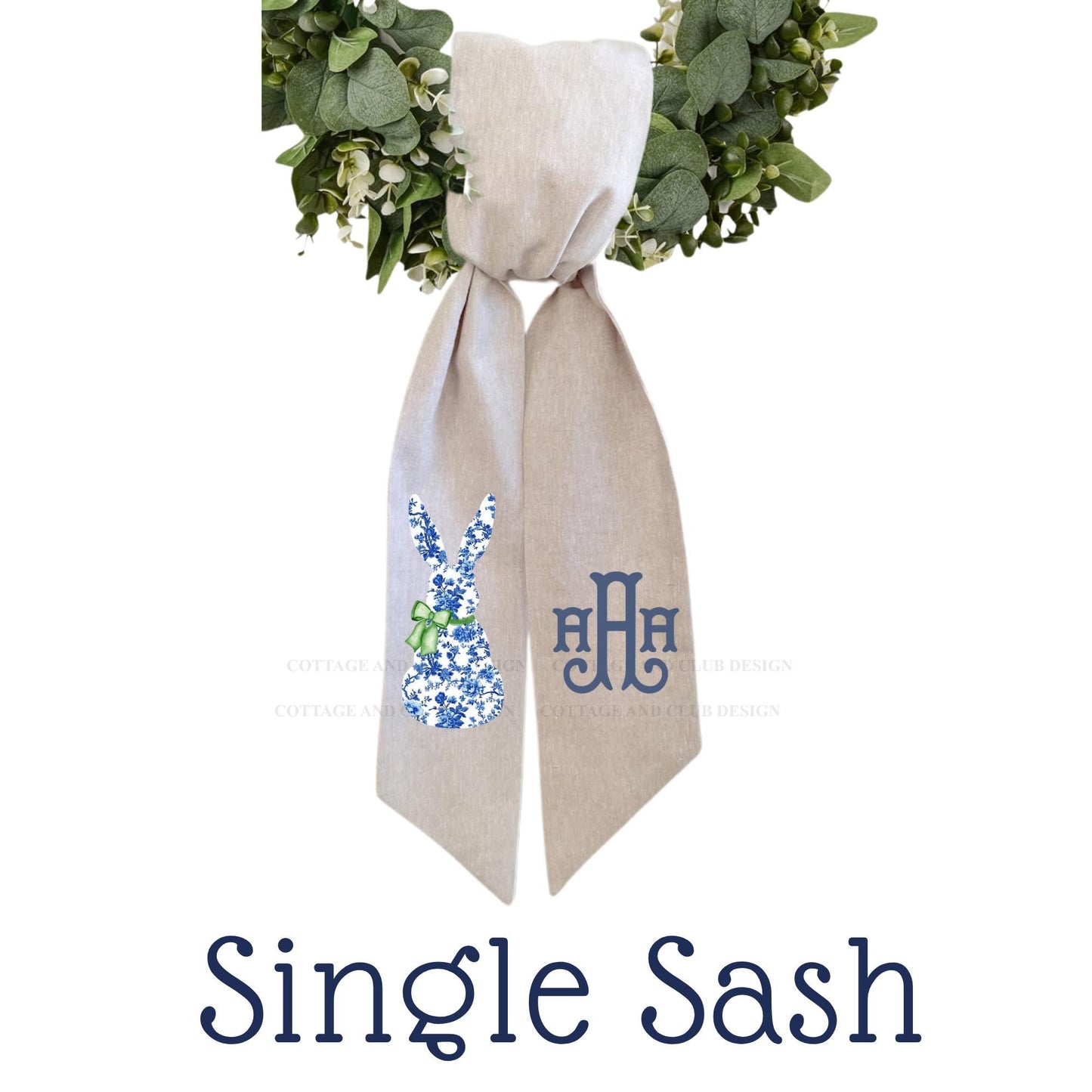 Easter Blue & White Bunny Rabbit Embroidered Wreath Sash | Personalised Front Door Decor | Seasonal Door Hanger | Monogram Wreath Sash