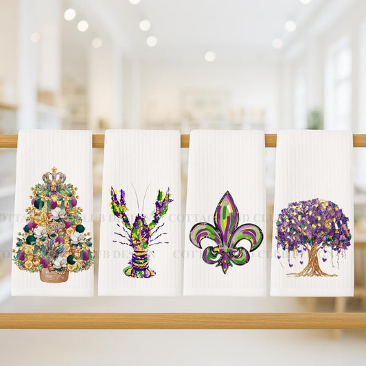 Louisiana Heritage Tea Towel Collection, Fleur De Lis Mardi Gras Festival Crawfish Kitchen Decor