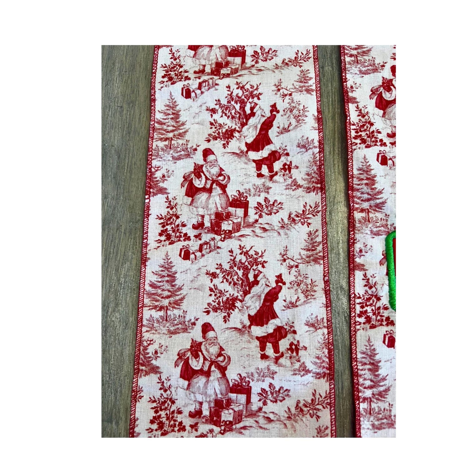 Vintage Santa Claus Toile Embroidered Christmas Farmhouse Wreath Sash: Holiday Door Hanger