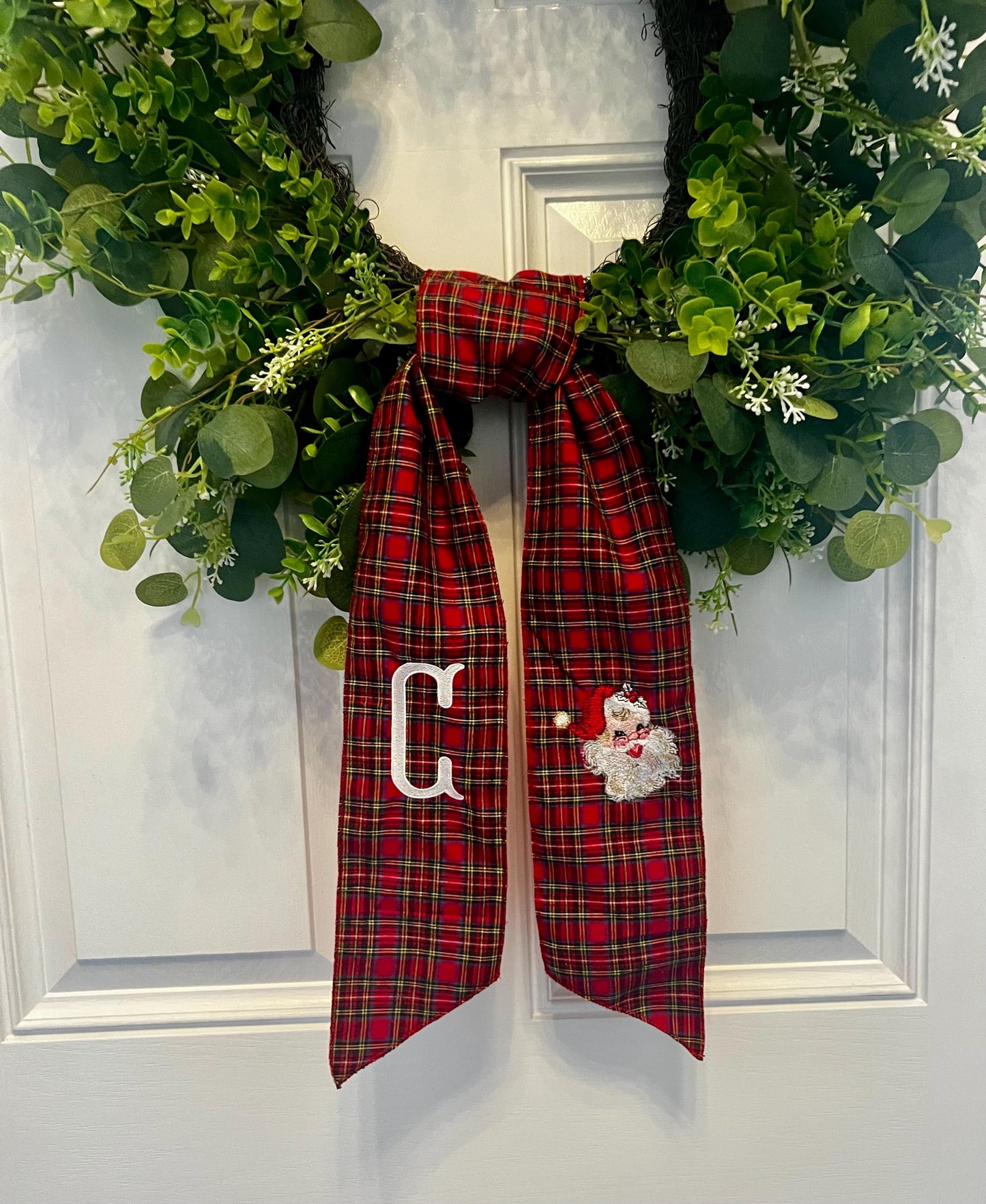 Vintage Santa Claus Embroidered Christmas Farmhouse Wreath Sash: Holiday Door Hanger