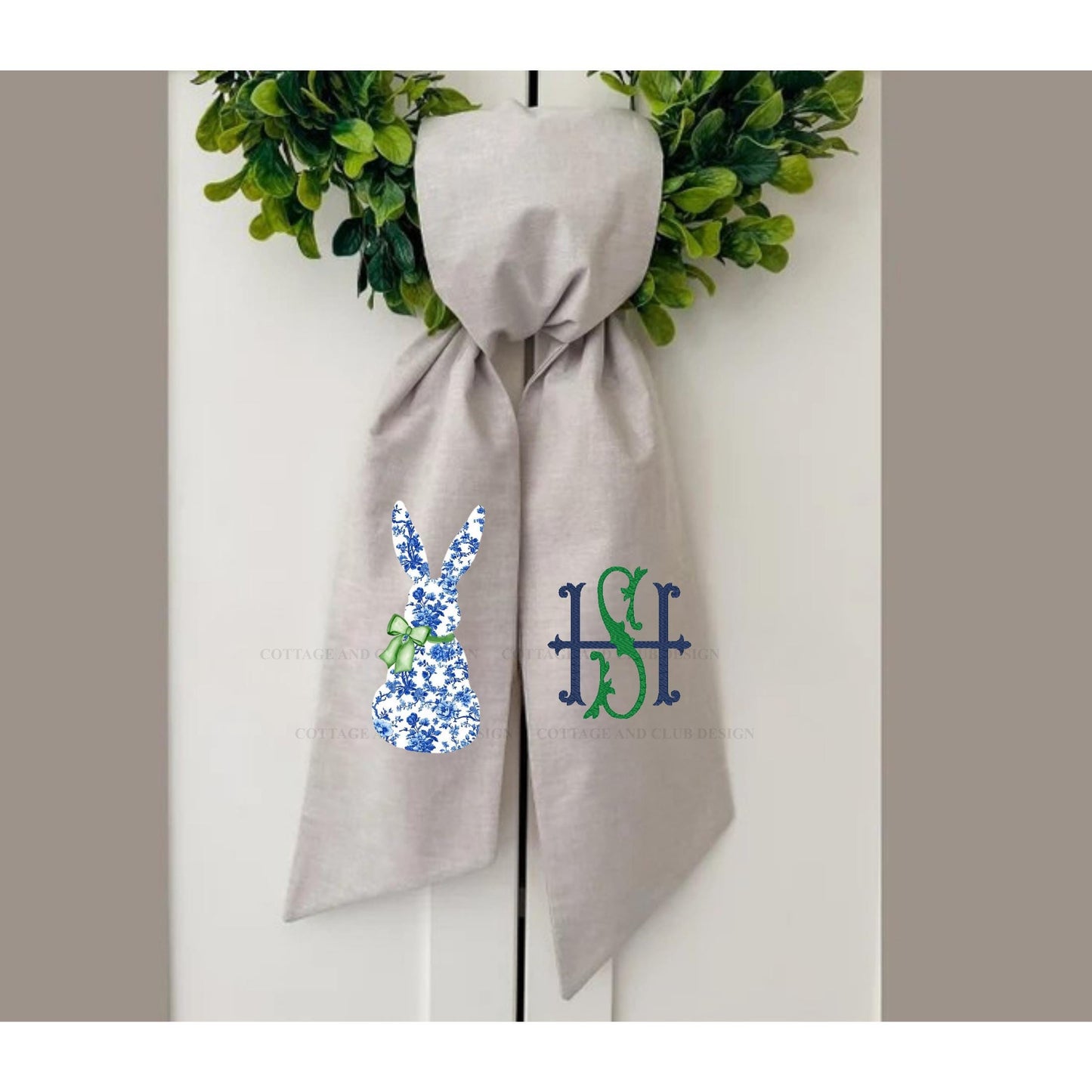 Easter Blue & White Bunny Rabbit Embroidered Wreath Sash | Personalised Front Door Decor | Seasonal Door Hanger | Monogram Wreath Sash