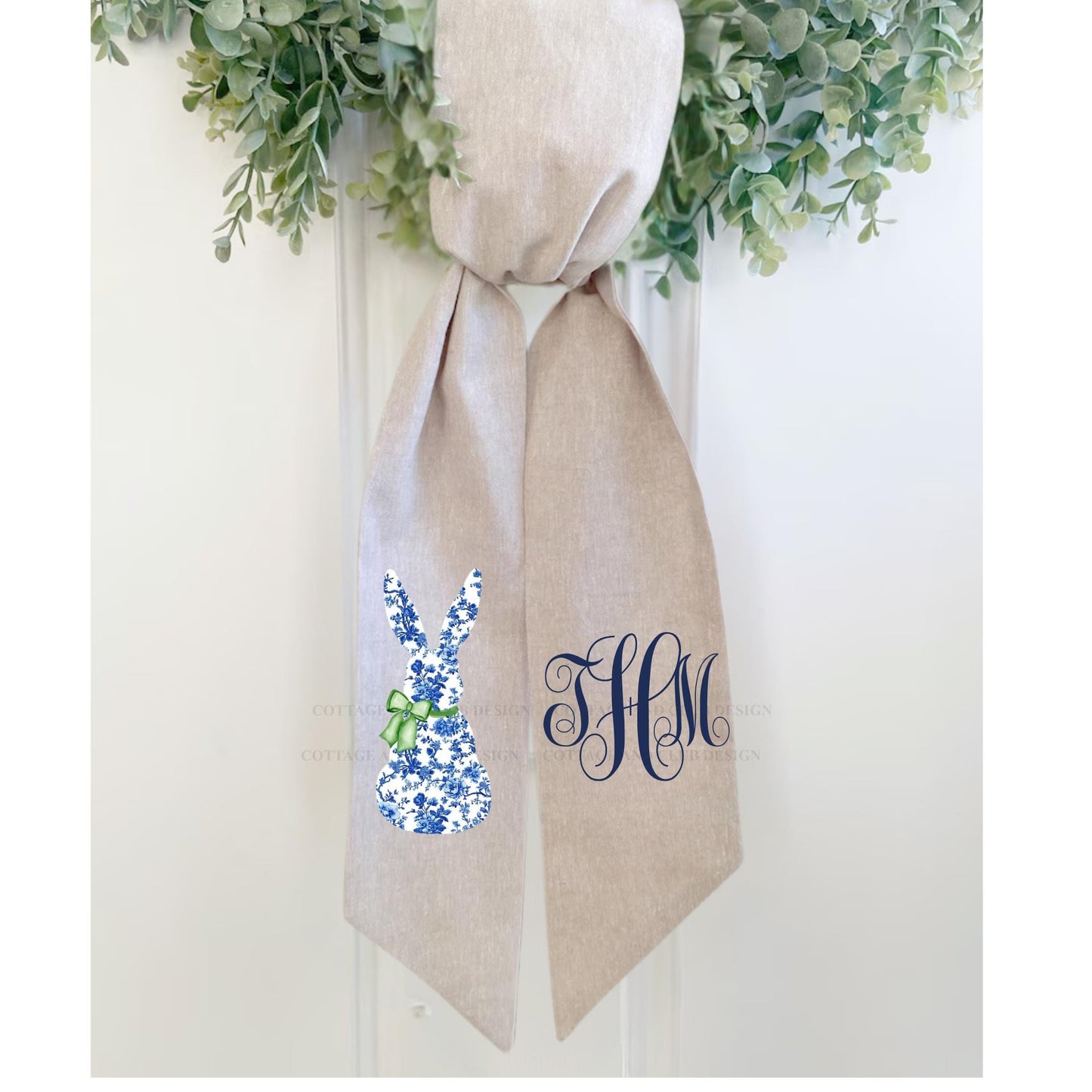 Easter Blue & White Bunny Rabbit Embroidered Wreath Sash | Personalised Front Door Decor | Seasonal Door Hanger | Monogram Wreath Sash