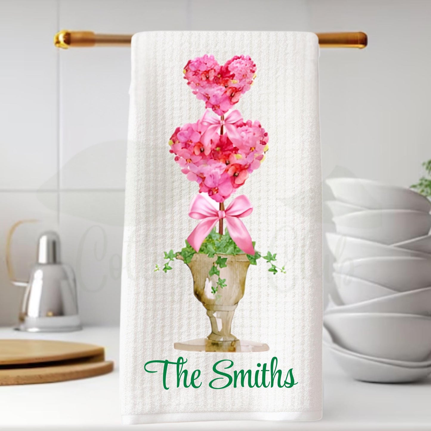 Valentine's Heart Watercolor Topiary Tea Towel - Oversized Waffle Weave Super Absorbent