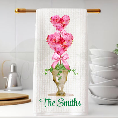 Valentine's Heart Watercolor Topiary Tea Towel - Oversized Waffle Weave Super Absorbent