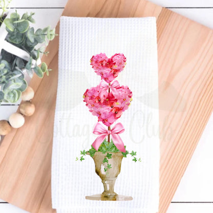 Valentine's Heart Watercolor Topiary Tea Towel - Oversized Waffle Weave Super Absorbent