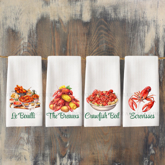 Louisiana Heritage Tea Towel Collection, Fleur De Lis Mardi Gras Festival Crawfish Boil Kitchen Decor