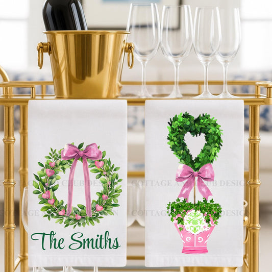 Personalized Valentine's Heart & Wreath Watercolor Tea Towel