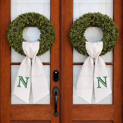 Monogram Wreath Sash, Wreath Sash For Front Door, Embroidered Front Door Bow, Initial Door Sash, Monogram Wreath Ribbon,Wreath Scarf