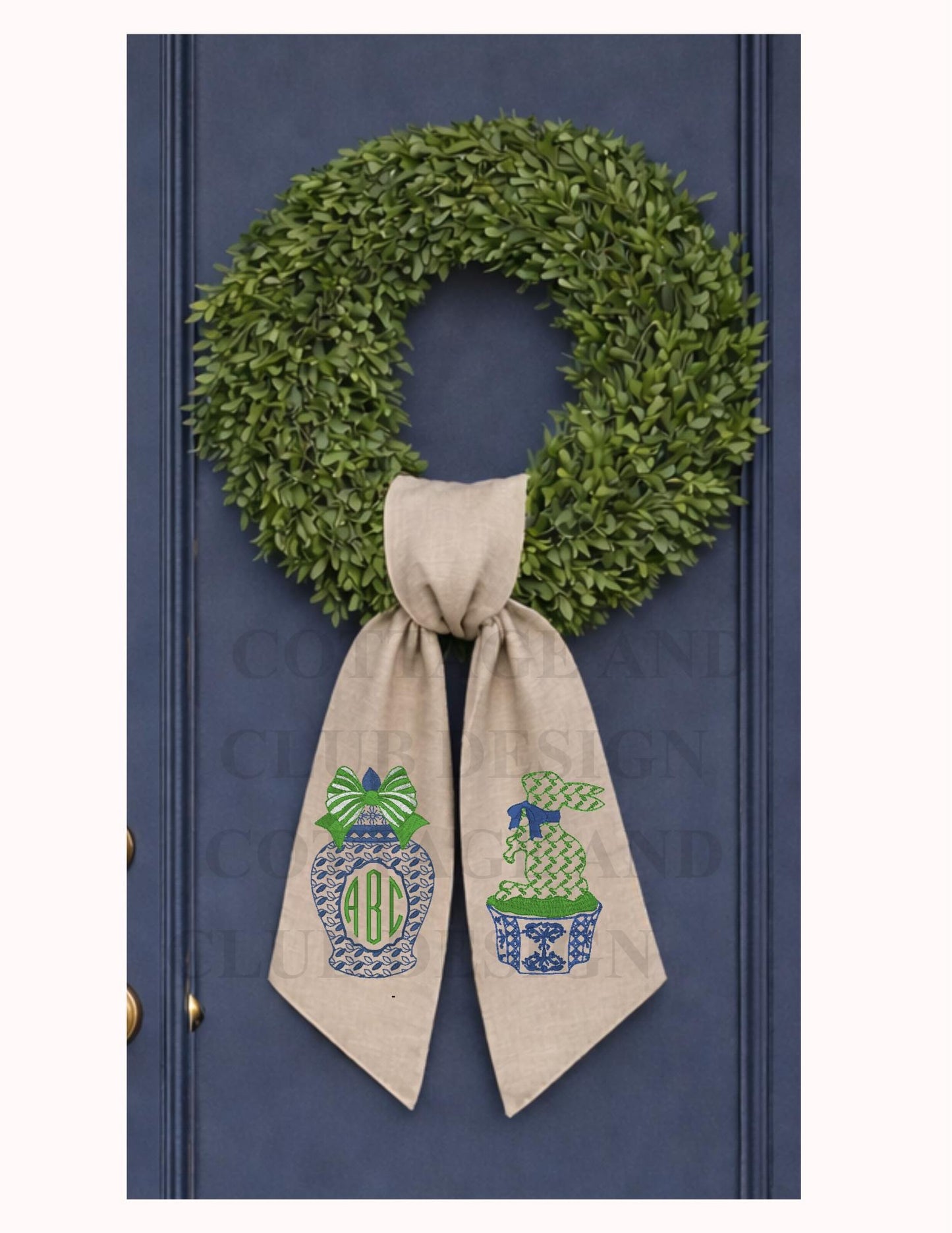 Chinoiserie Easter Wreath Sash, Embroidered Bunny Topiary Wreath Sash, Ginger Jar Monogram Spring Door Hanger, Linen Decor