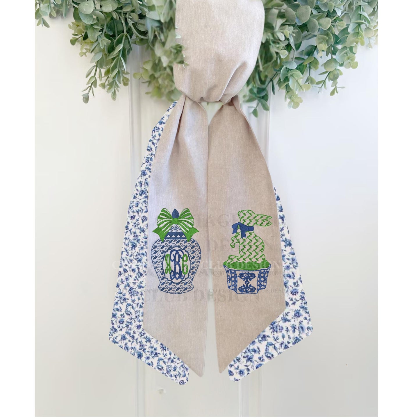 Chinoiserie Easter Wreath Sash, Embroidered Bunny Topiary Wreath Sash, Ginger Jar Monogram Spring Door Hanger, Linen Decor