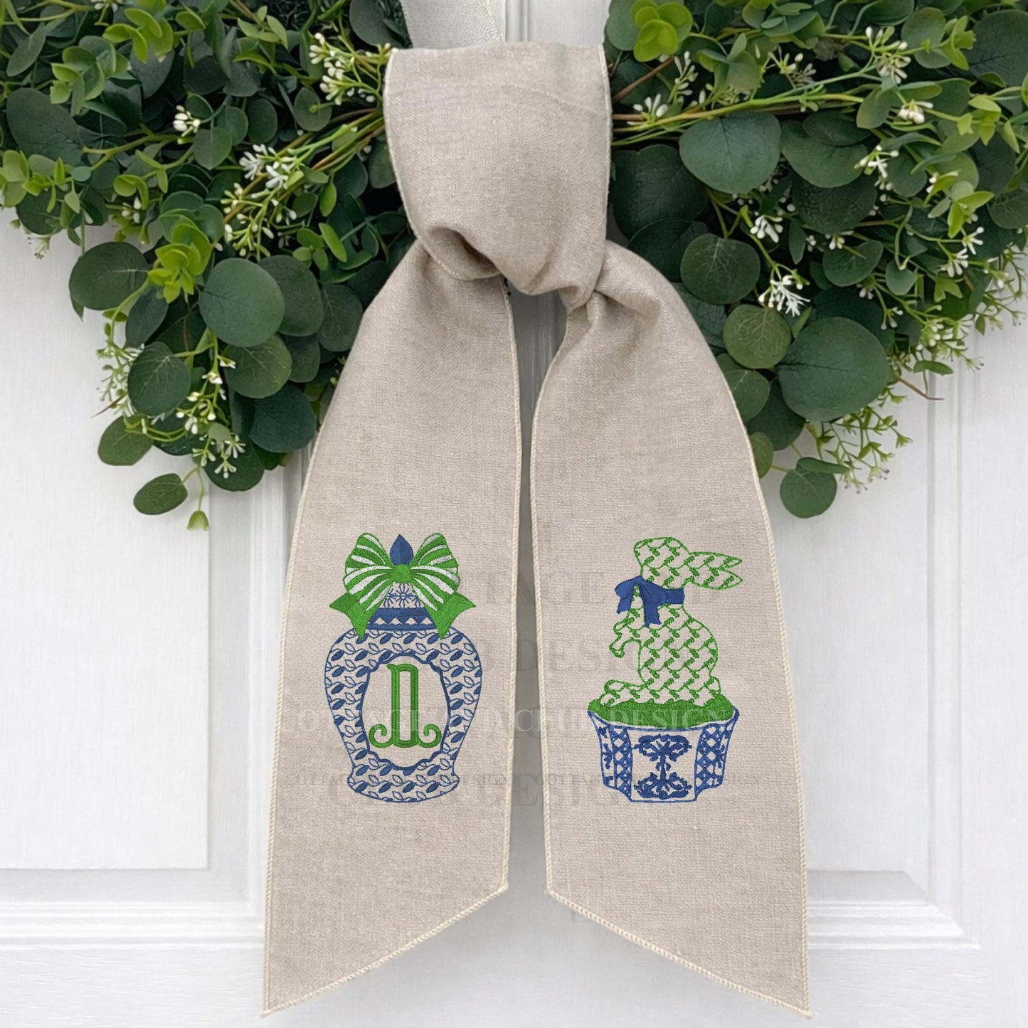 Chinoiserie Easter Wreath Sash, Embroidered Bunny Topiary Wreath Sash, Ginger Jar Monogram Spring Door Hanger, Linen Decor