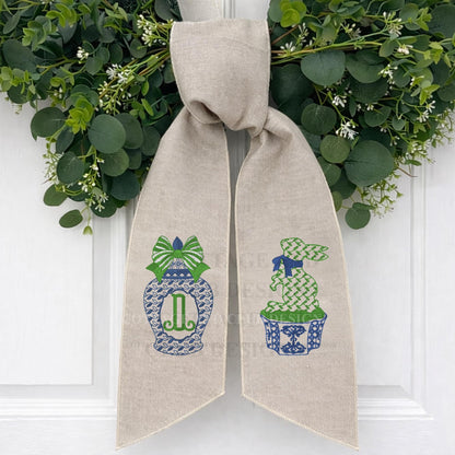 Chinoiserie Easter Wreath Sash, Embroidered Bunny Topiary Wreath Sash, Ginger Jar Monogram Spring Door Hanger, Linen Decor