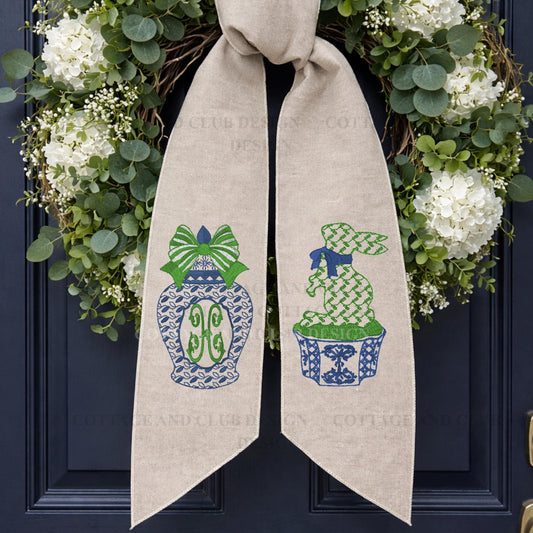 Chinoiserie Easter Wreath Sash, Embroidered Bunny Topiary Wreath Sash, Ginger Jar Monogram Spring Door Hanger, Linen Decor