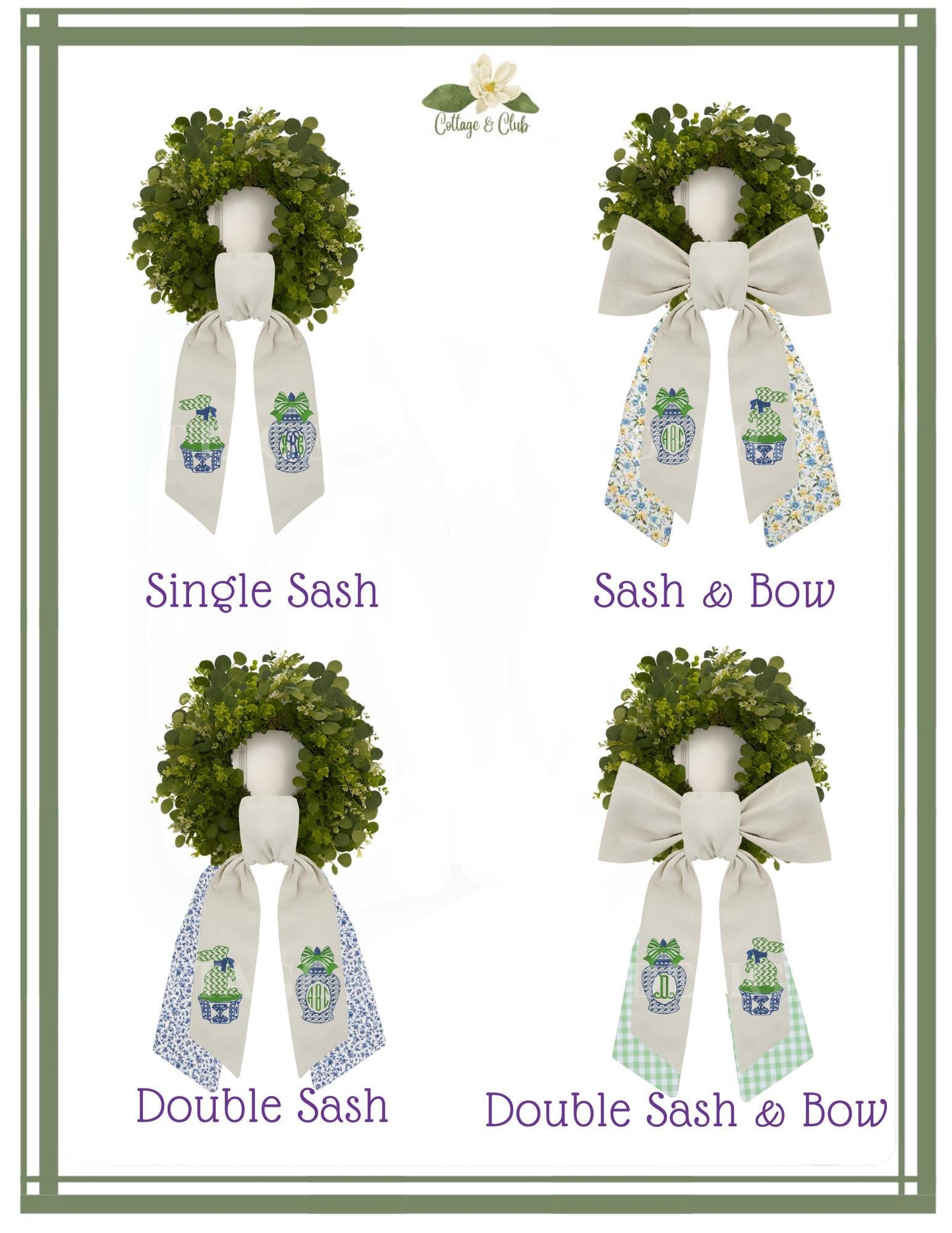 Chinoiserie Easter Wreath Sash, Embroidered Bunny Topiary Wreath Sash, Ginger Jar Monogram Spring Door Hanger, Linen Decor