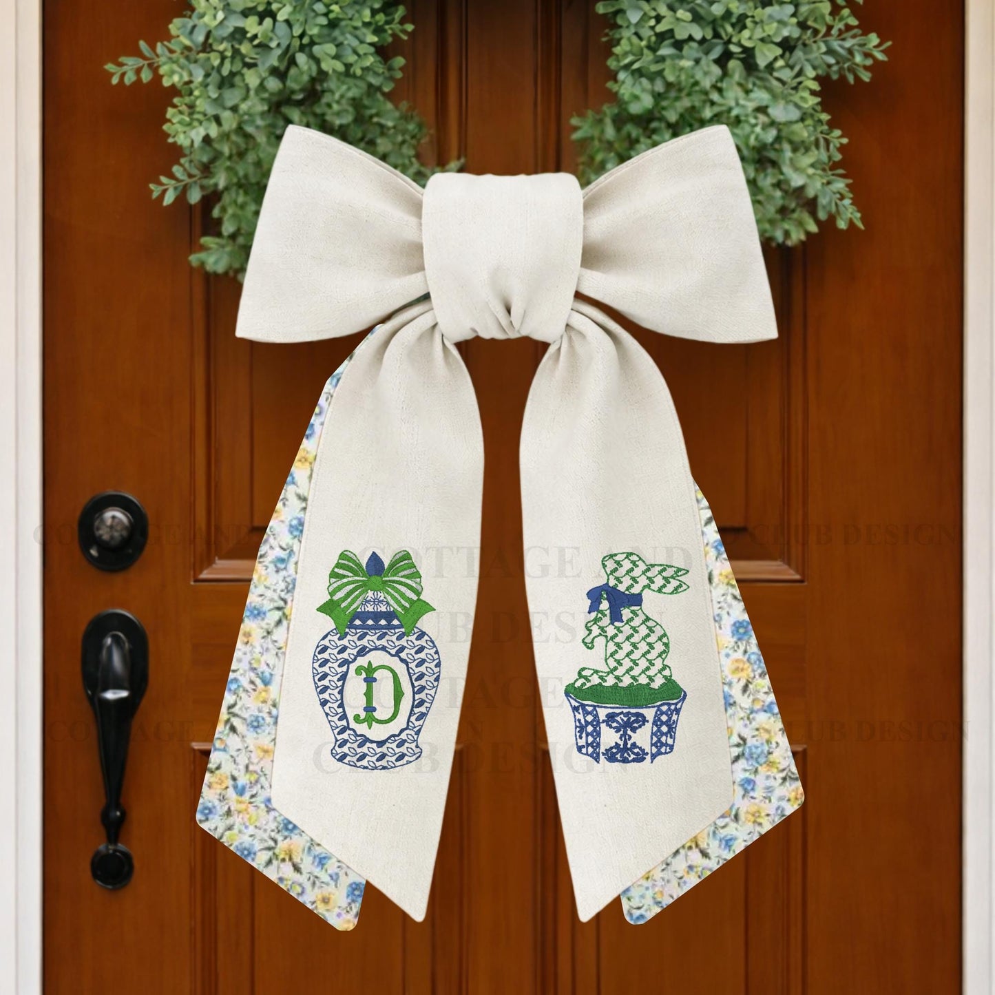 Chinoiserie Easter Wreath Sash, Embroidered Bunny Topiary Wreath Sash, Ginger Jar Monogram Spring Door Hanger, Linen Decor