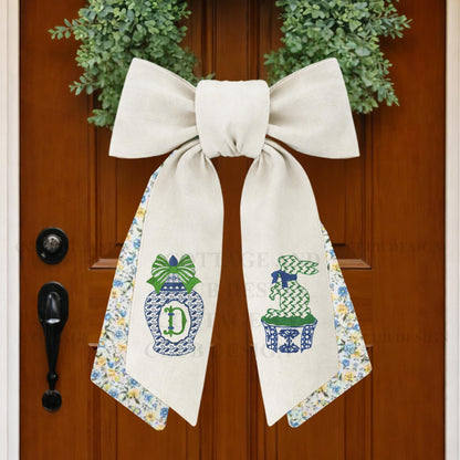 Chinoiserie Easter Wreath Sash, Embroidered Bunny Topiary Wreath Sash, Ginger Jar Monogram Spring Door Hanger, Linen Decor