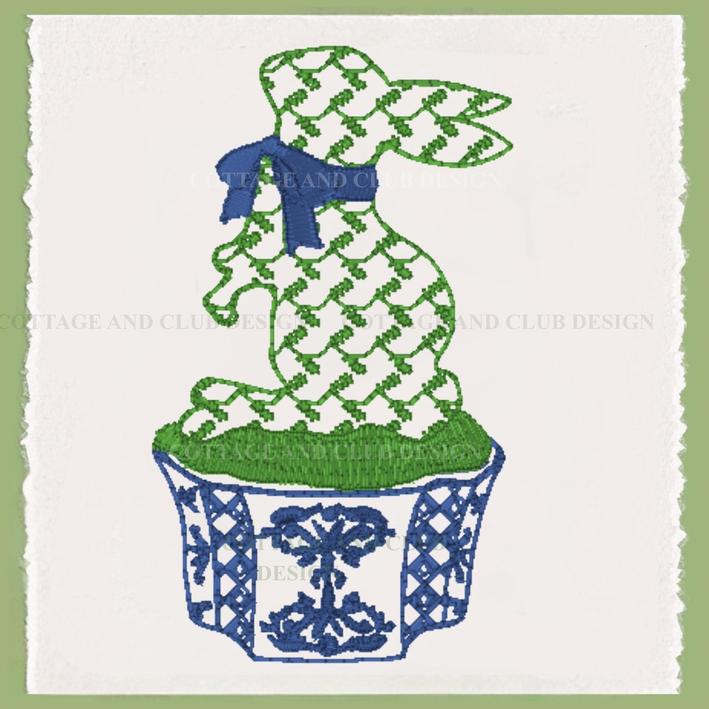 Chinoiserie Easter Wreath Sash, Embroidered Bunny Topiary Wreath Sash, Ginger Jar Monogram Spring Door Hanger, Linen Decor