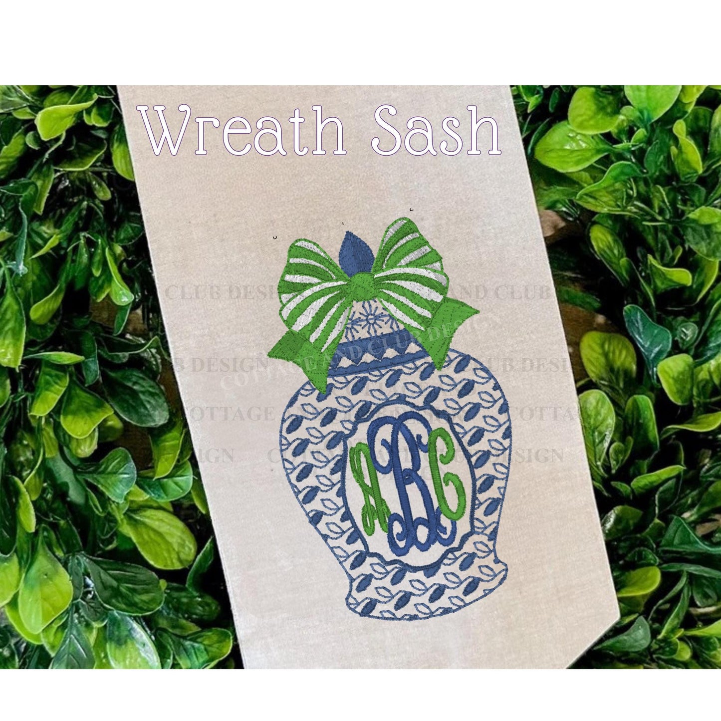 Chinoiserie Easter Wreath Sash, Embroidered Bunny Topiary Wreath Sash, Ginger Jar Monogram Spring Door Hanger, Linen Decor