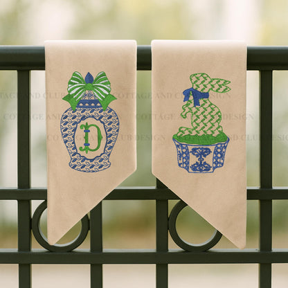 Chinoiserie Easter Wreath Sash, Embroidered Bunny Topiary Wreath Sash, Ginger Jar Monogram Spring Door Hanger, Linen Decor