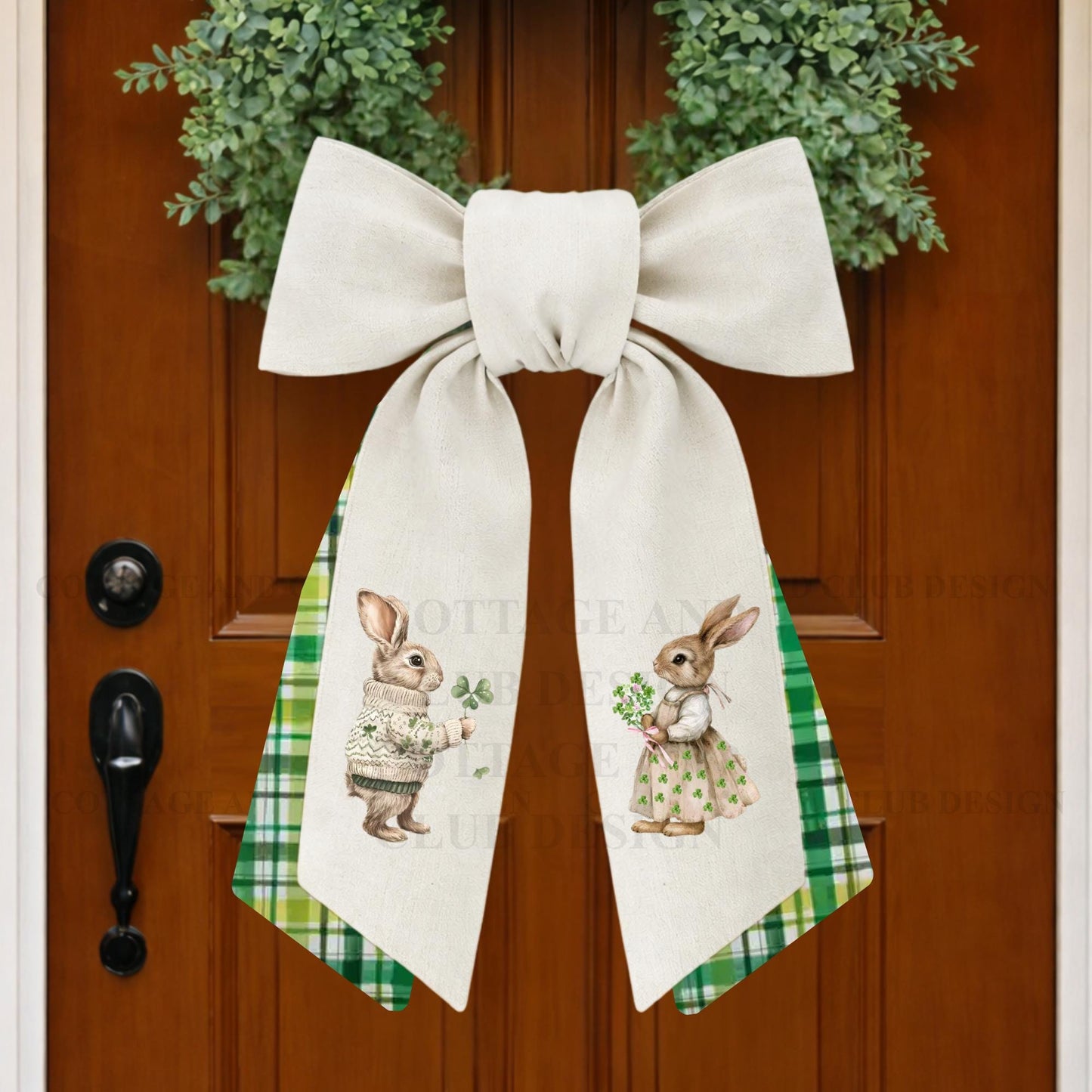 St. Patrick's Day Embroidered Bunny Couple Wreath Sash, Easter Bunny Monogram Spring Door Hanger, Linen Decor