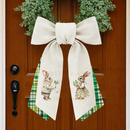 St. Patrick's Day Embroidered Bunny Couple Wreath Sash, Easter Bunny Monogram Spring Door Hanger, Linen Decor
