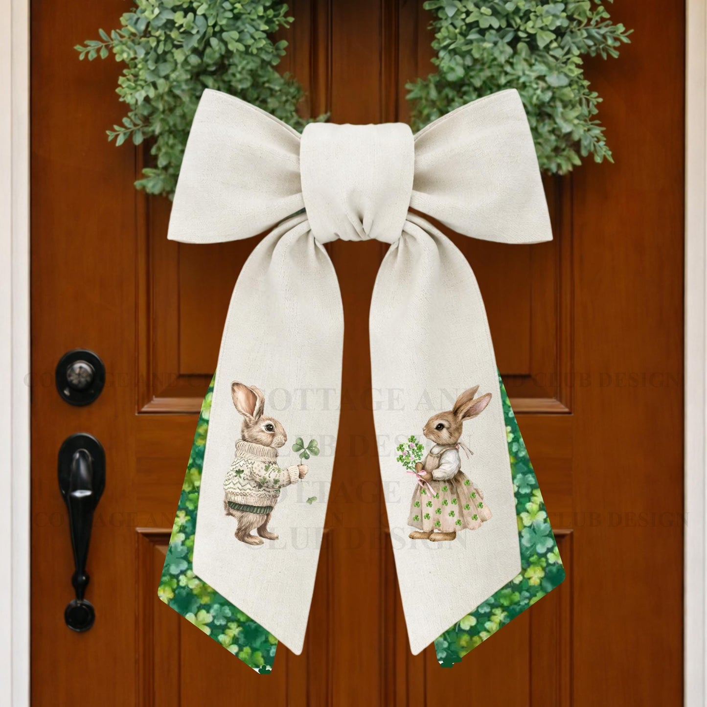 St. Patrick's Day Embroidered Bunny Couple Wreath Sash, Easter Bunny Monogram Spring Door Hanger, Linen Decor
