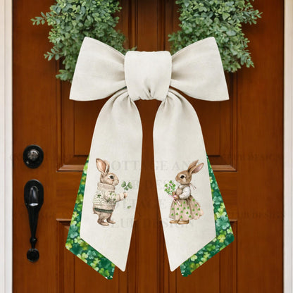 St. Patrick's Day Embroidered Bunny Couple Wreath Sash, Easter Bunny Monogram Spring Door Hanger, Linen Decor