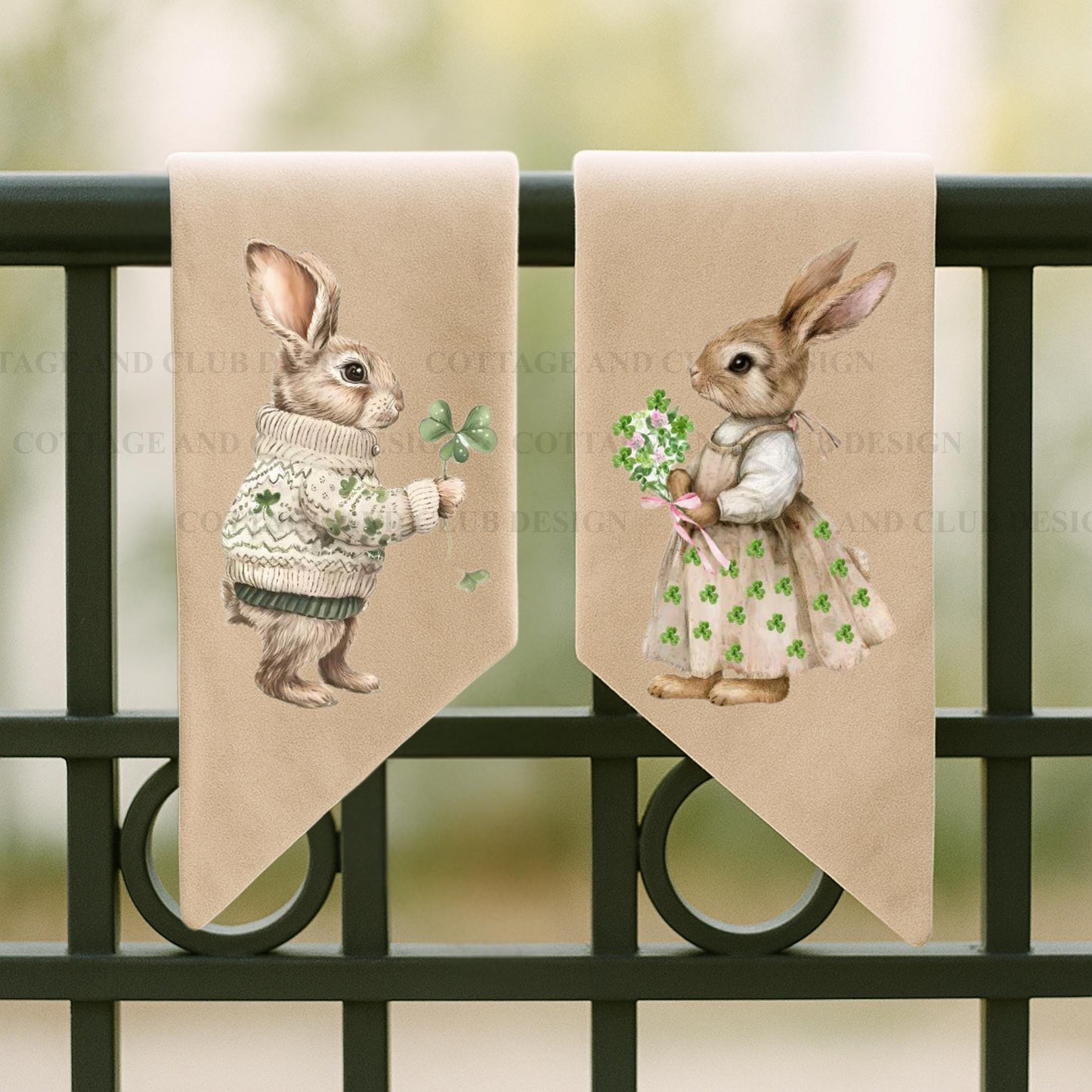 St. Patrick's Day Embroidered Bunny Couple Wreath Sash, Easter Bunny Monogram Spring Door Hanger, Linen Decor