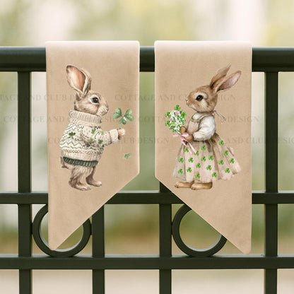 St. Patrick's Day Embroidered Bunny Couple Wreath Sash, Easter Bunny Monogram Spring Door Hanger, Linen Decor